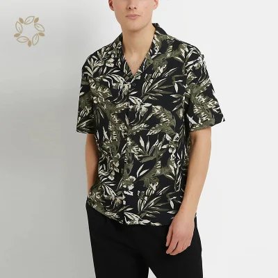 Chemise à motif floral en bambou biologique à manches courtes pour hommes, chemise à fleurs, chemise de villégiature durable, respectueuse de l'environnement