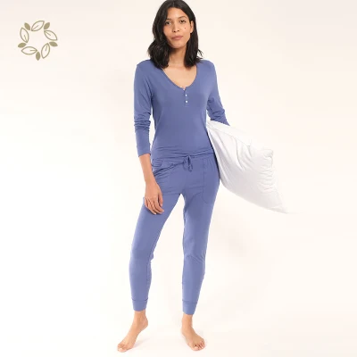 Haut Henley en bambou biologique et pantalon de sommeil, vêtements de nuit écologiques pour femmes, pyjama en jersey durable pour femmes